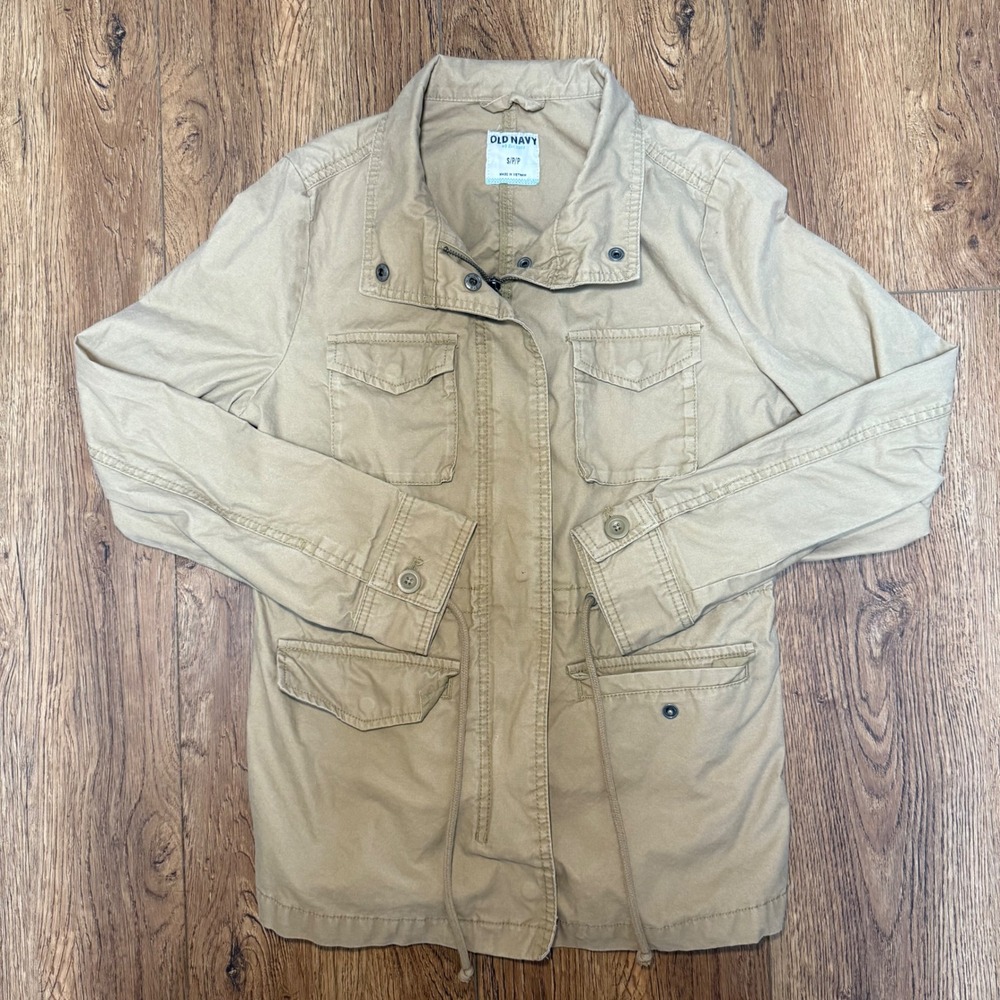 Old Navy Tan Utility Jacket‎ Military Style Pockets 100% Cotton Womens Small